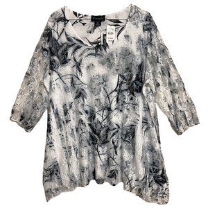 Lace Tunic Blouse - Black White Floral with Embellishments
